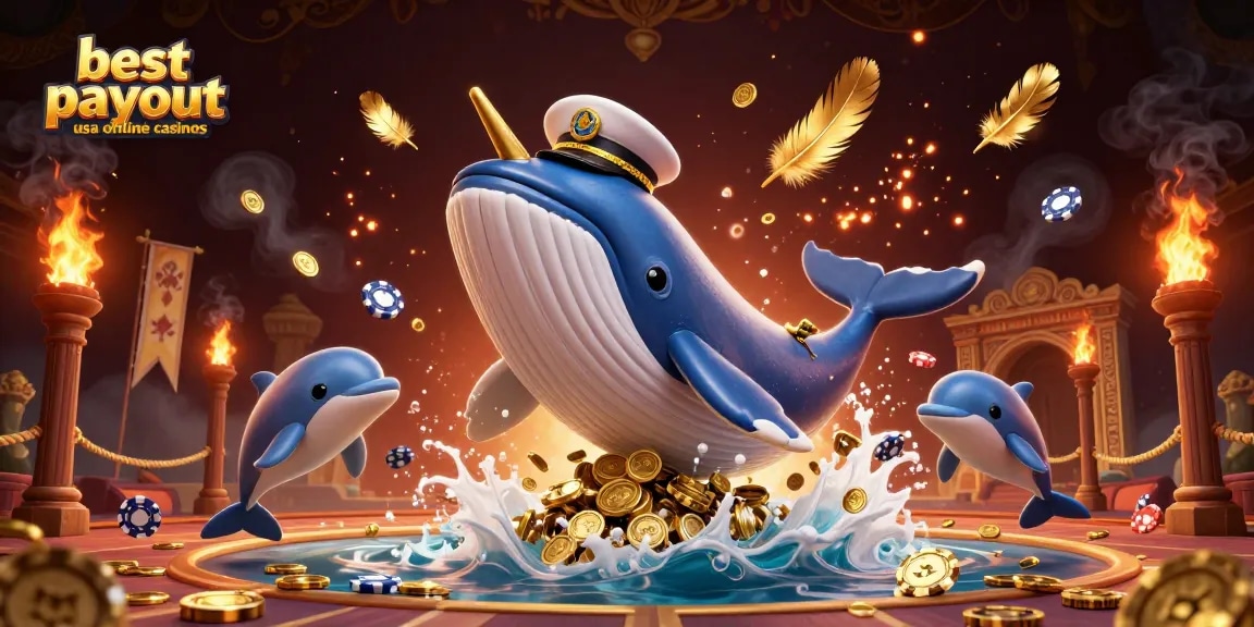 Engage with the best payout USA online casinos in a vibrant underwater scene with playful dolphins and rich casino elements.