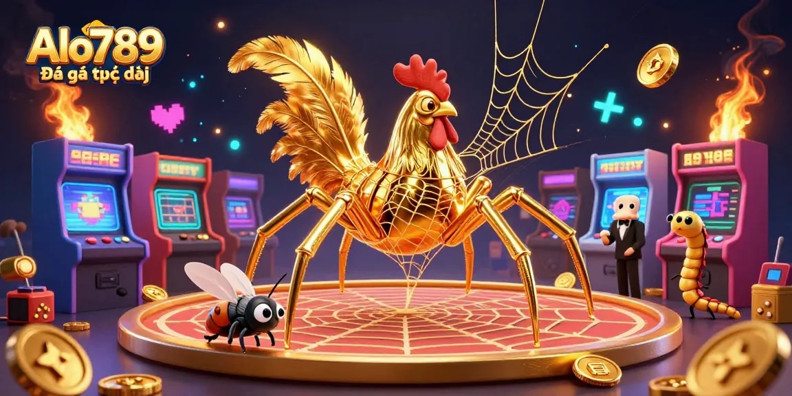 Alo789 Đá gà trực tiếp showcases unique cockfighting illustrations with vibrant casino elements.