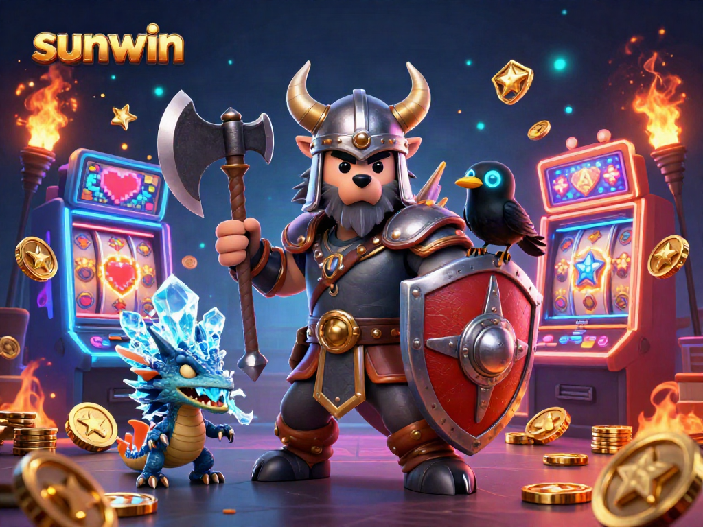 Experience the excitement of sunwin with a vibrant Viking scene filled with slot machines and gaming action.