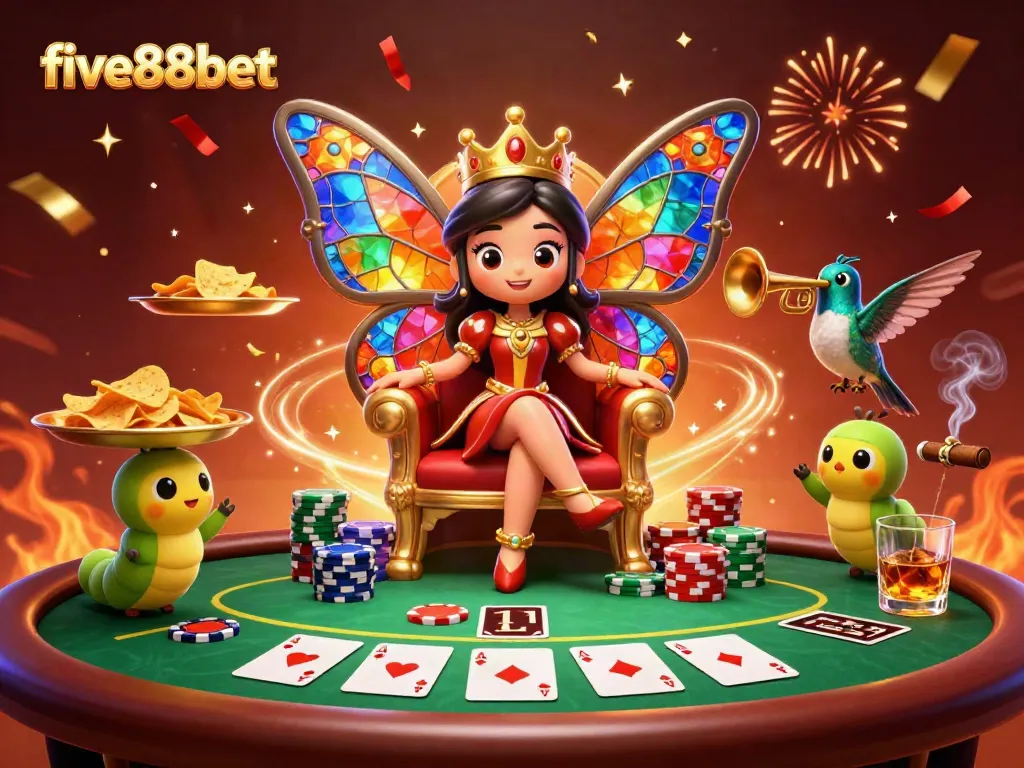 Experience the excitement with five88bet as a colorful butterfly queen presides over a vibrant casino scene.