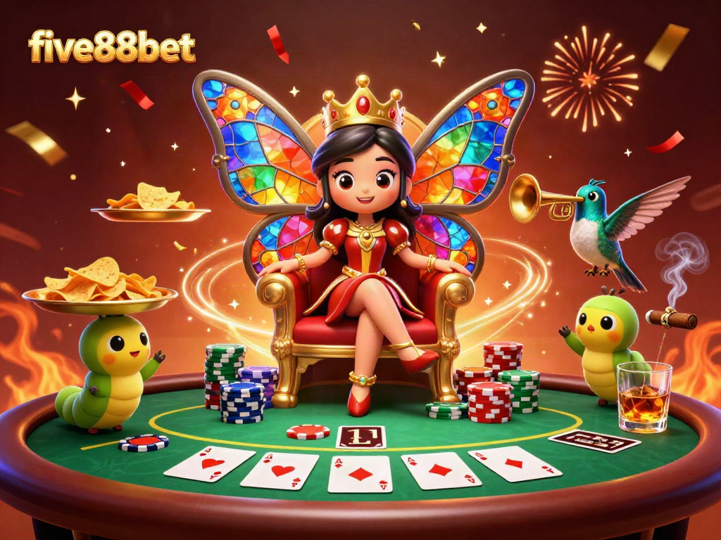 Experience the excitement with five88bet as a colorful butterfly queen presides over a vibrant casino scene.