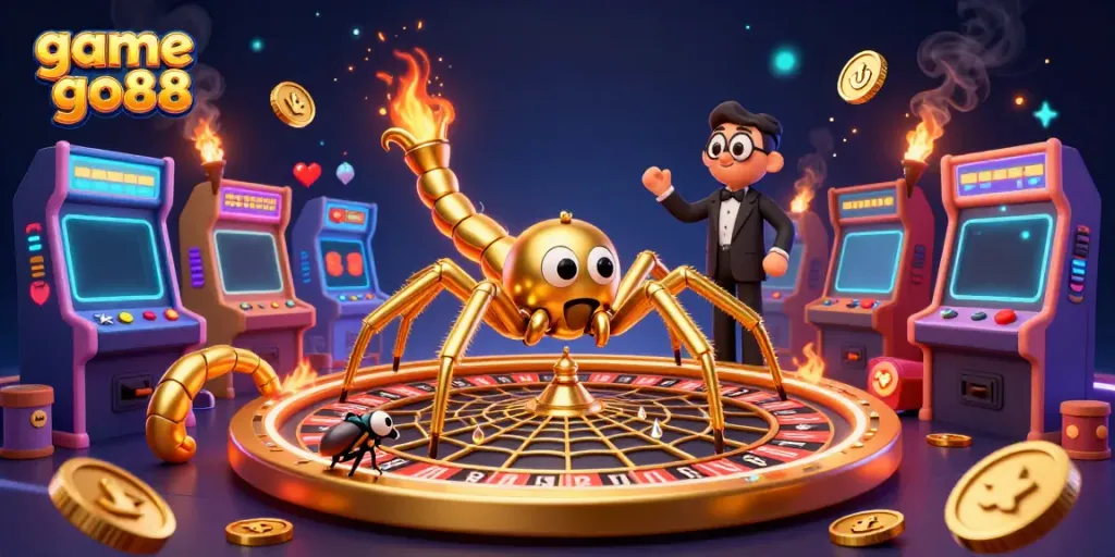 Engage in exciting game go88 action with a vibrant 3D illustration featuring a roulette wheel spider and animated game elements.