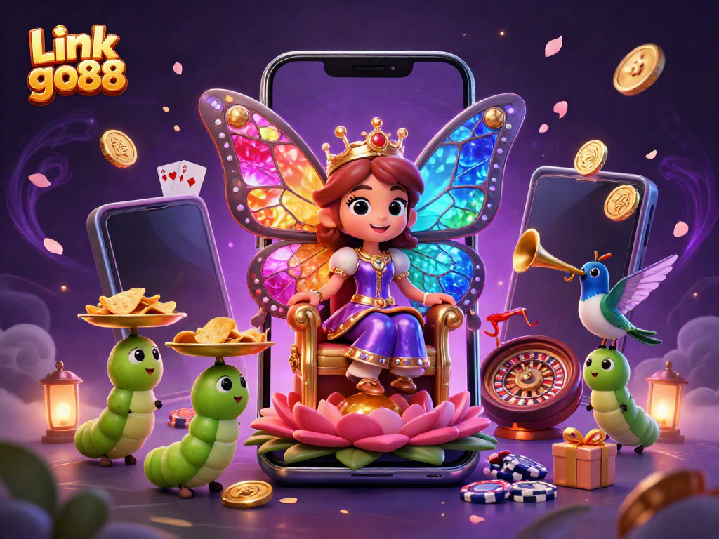Join the fun at Link go88 with a vibrant 3D casino scene featuring a butterfly queen and gaming elements.