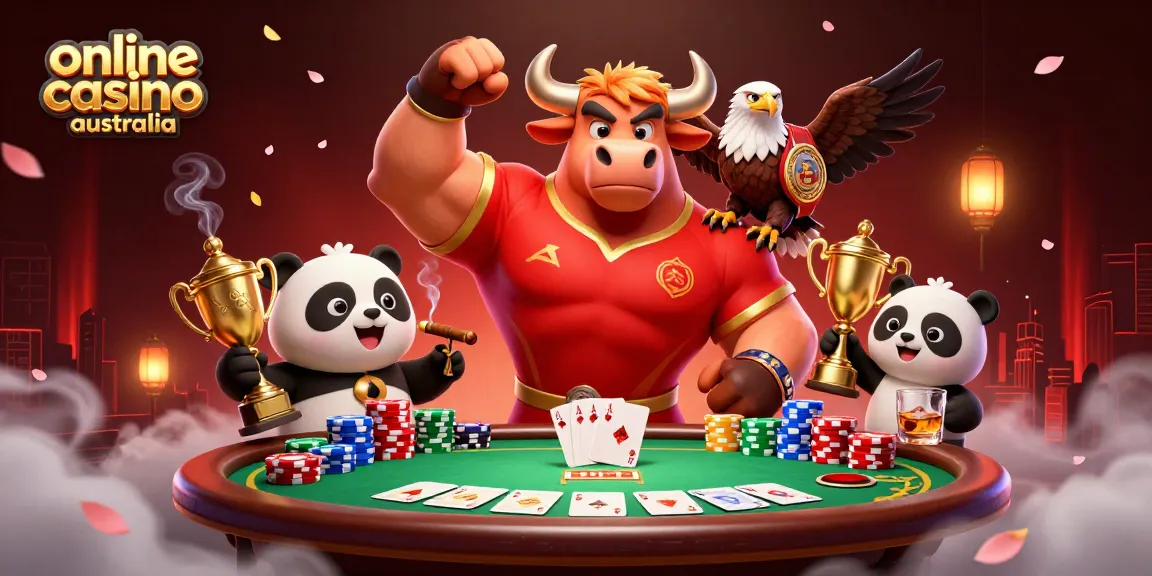 Engage with an exhilarating scene of online casino Australia featuring colorful poker elements and mascots celebrating winnings.