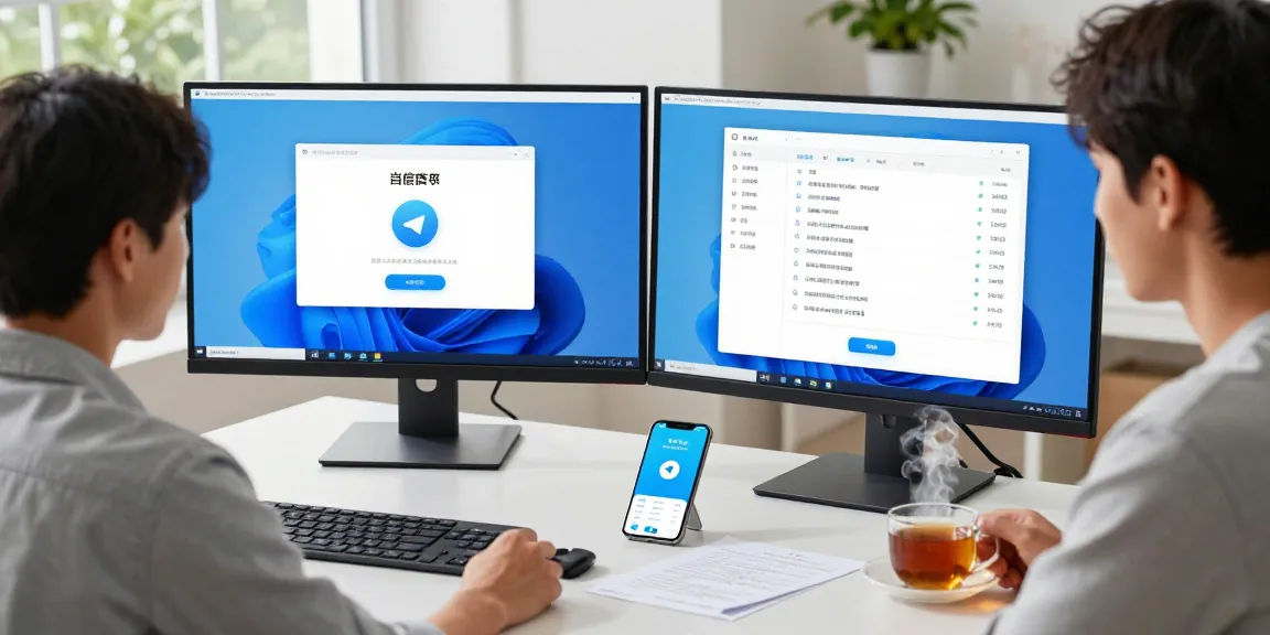 Guide for configuring Telegram Chinese Version in a bright workspace with dual monitors and smartphone.