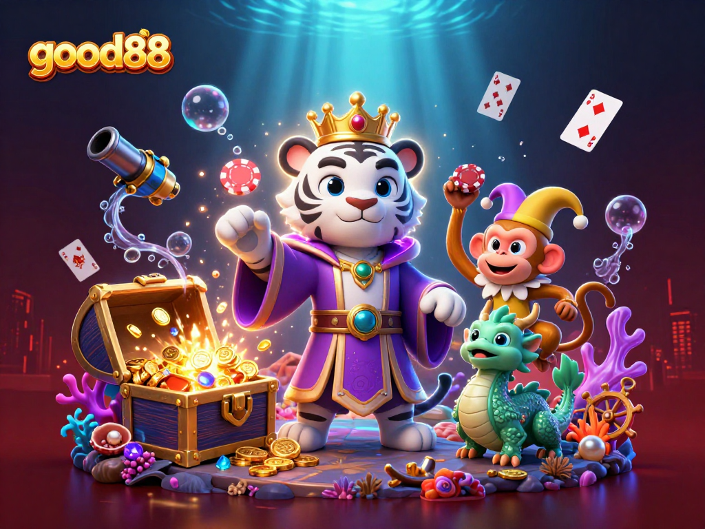 Join the excitement at good88, where a white tiger and a monkey bring casino magic to life.