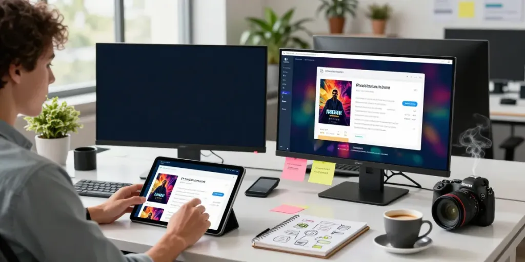 Person using Pikashow apps on a tablet in a vibrant tech workspace.