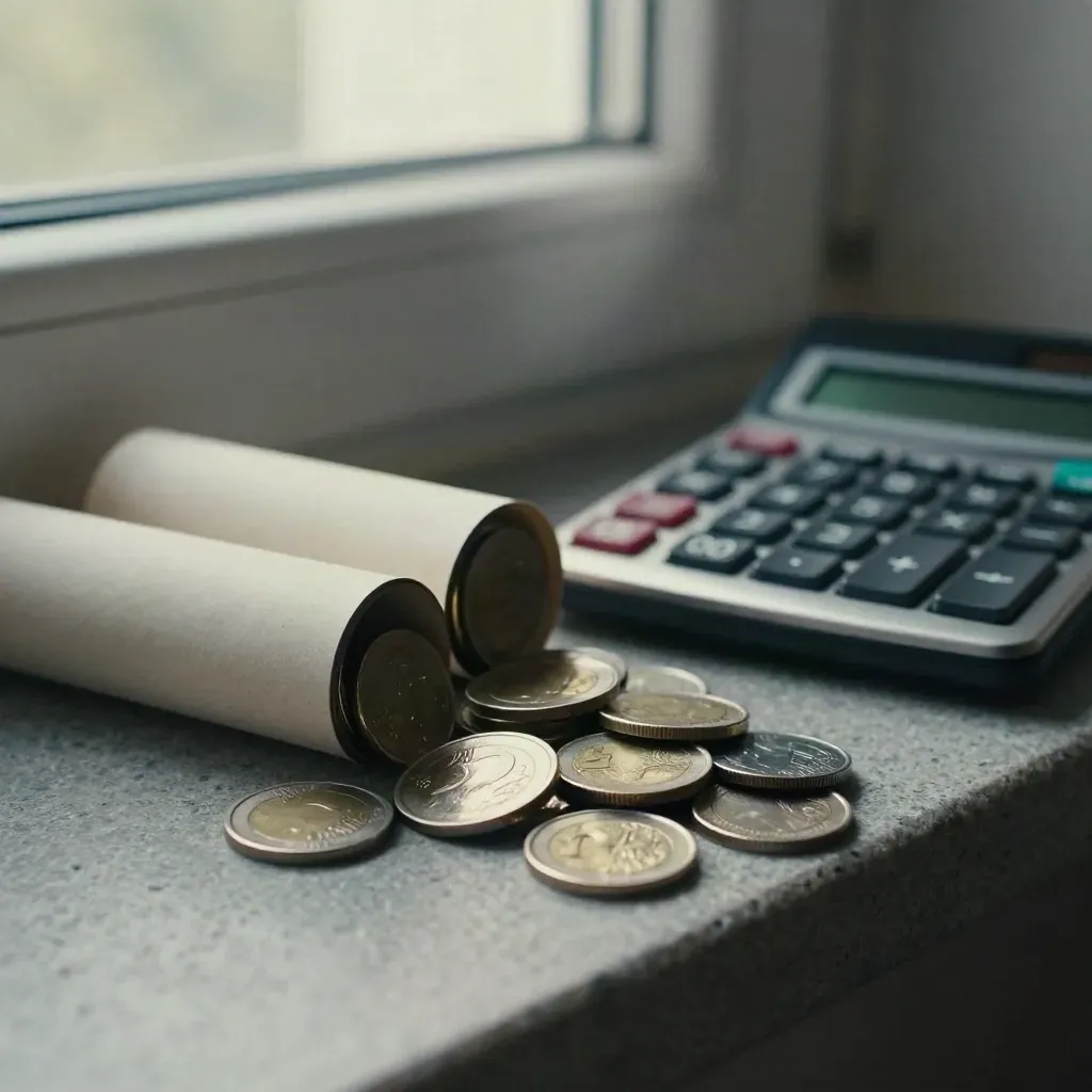 Munten en rolletjes eurocenten naast een rekenmachine op een vensterbank, met rollende munten.