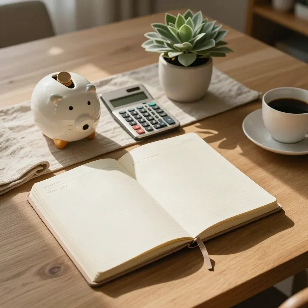 Bovenaanzicht van budgetnotitieboek, papier-muntenpot, rekenmachine, plantje en koffiekop op eiken tafel