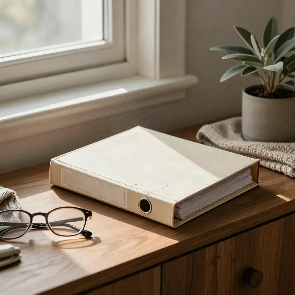 Spaarbinder met leesbril, plaid en plant op houten dressoir in ochtendlicht.