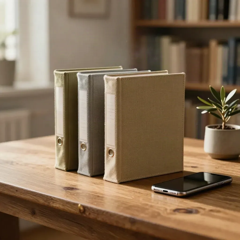 Drie gesloten ordners, telefoon en plant op een houten bibliotheektafel in zacht middaglicht