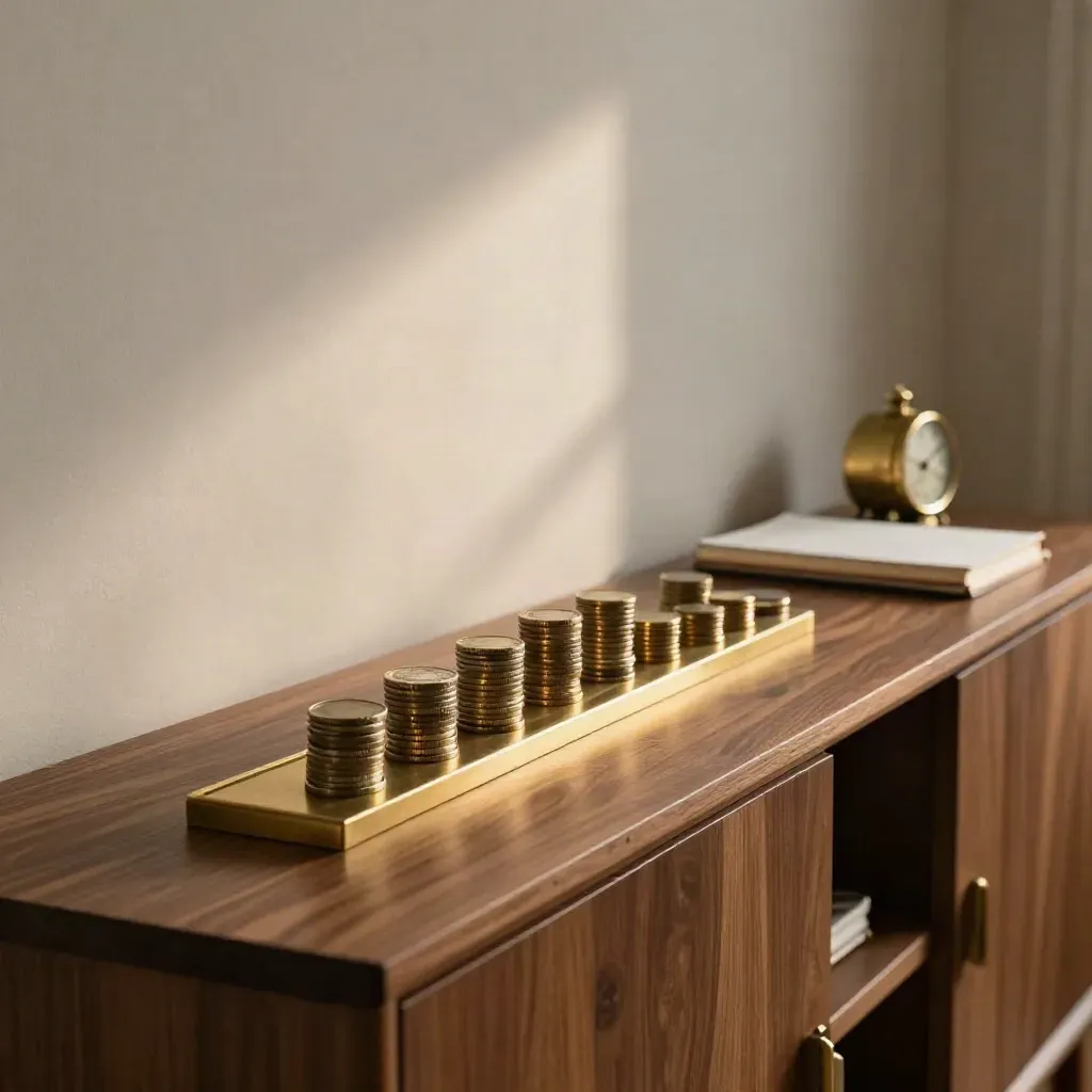 Goudkleurige muntstapels lopen over een donkere sideboard, met een gesloten notitieboekje en klok.