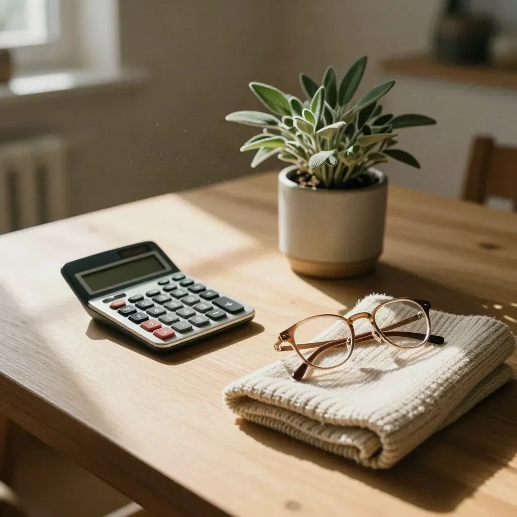 Leesbril, rekenmachine, gebreide plaid en plant op zonovergoten tafel in woonkamer.