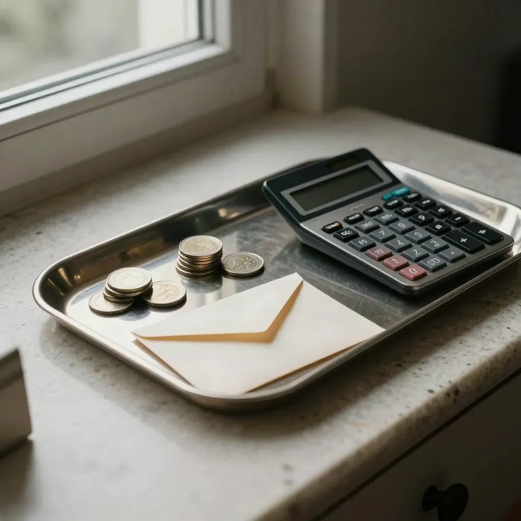 Drie muntgroepen op een dienblad met calculator en envelop in koel daglicht.