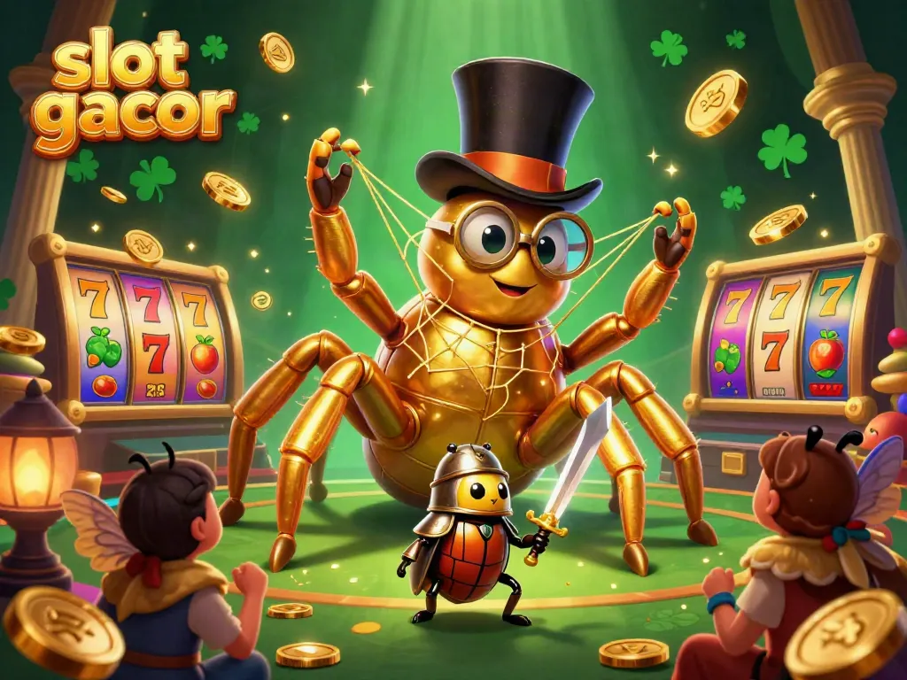 Engage with slot gacor action featuring a golden tarantula and brave beetle knight amidst vibrant casino elements.