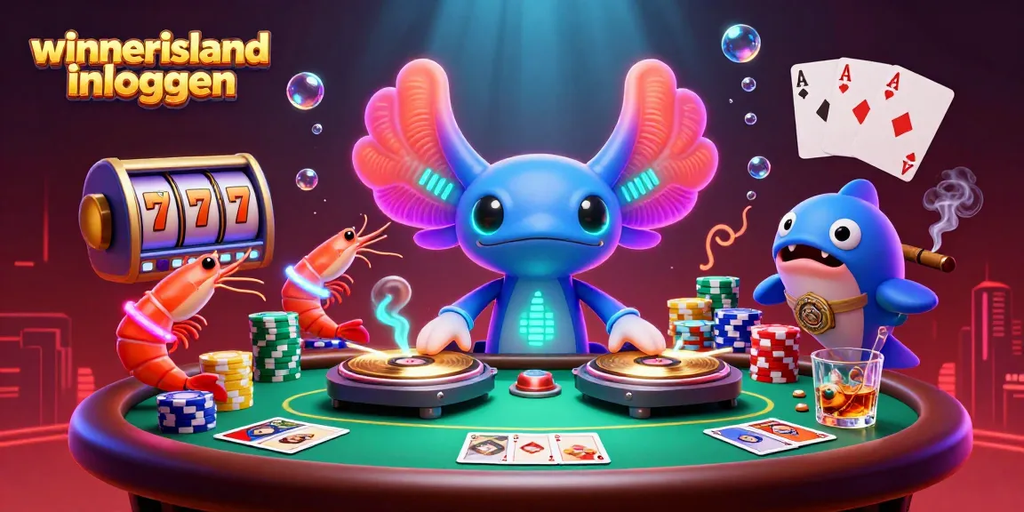 winnerisland inloggen with a vibrant ensemble of a 3D axolotl DJ, shrimp dancers, and lively poker setups