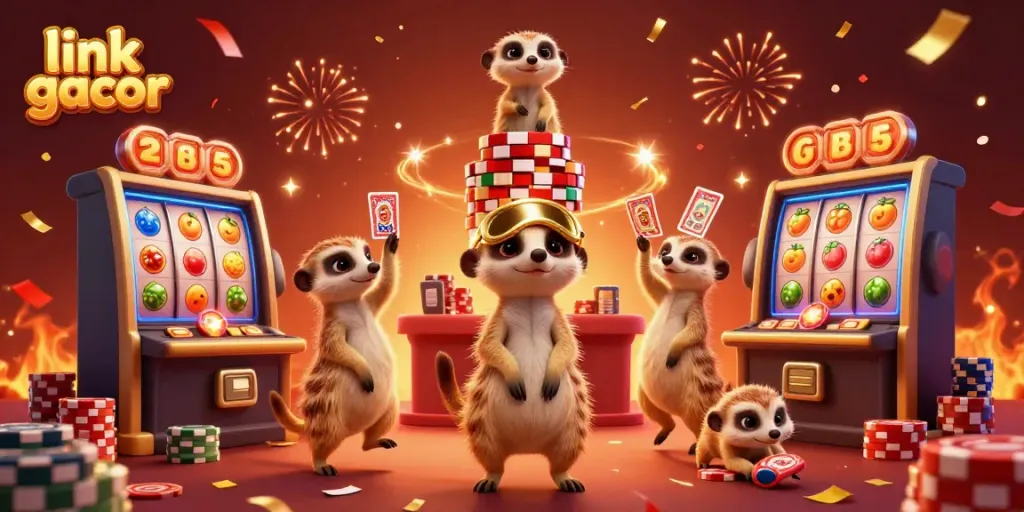 Experience vibrant slot action at link gacor with meerkats running a bustling casino.
