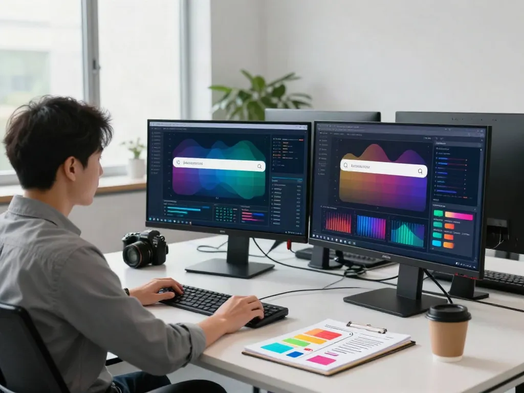Data analyst optimizing AI search algorithms in a modern workspace.