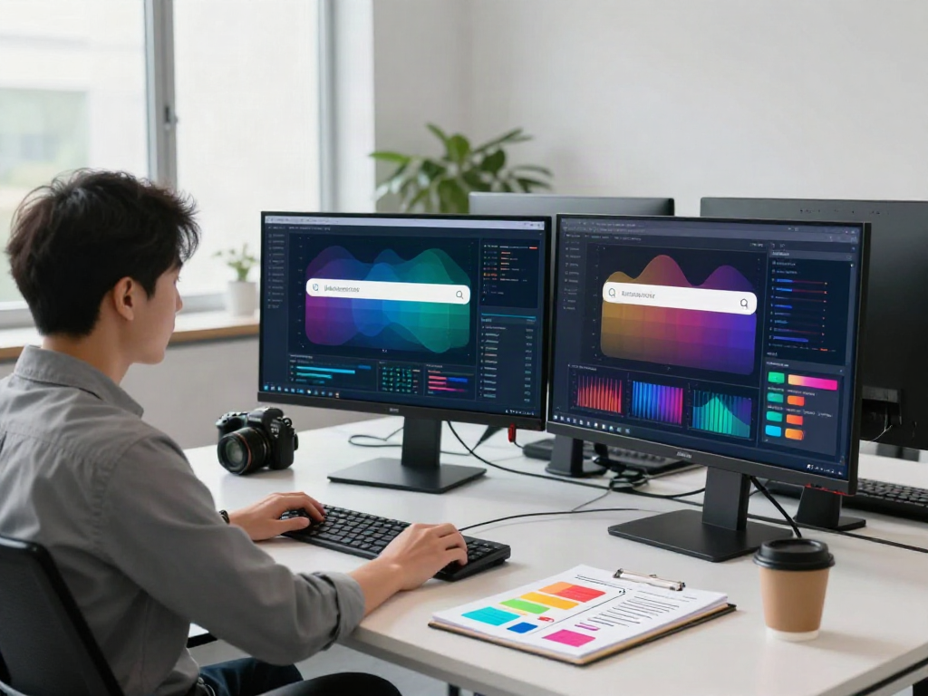Data analyst optimizing AI search algorithms in a modern workspace.