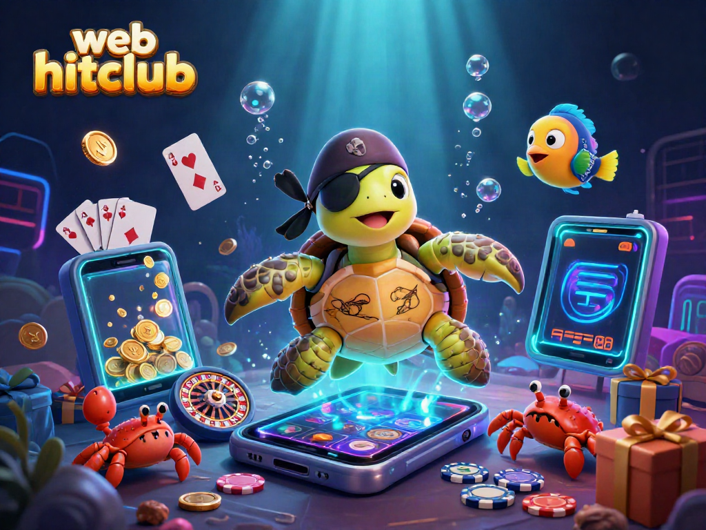 Spin and win with web hitclub as a cartoon pirate turtle explores a treasure-filled underwater world.