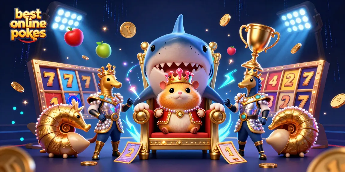 Spin the best online pokies with thrilling visuals featuring a golden hamster king on a megalodon throne.