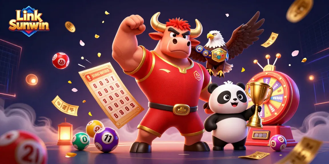 Join the excitement of Link Sunwin, featuring a bull mascot, eagle, and panda in a vibrant casino scene.